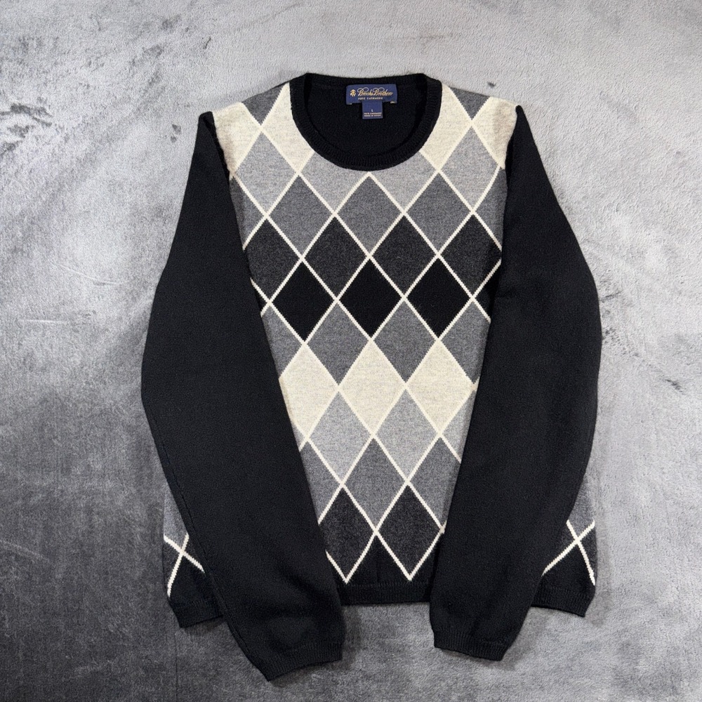 Brooks Brothers Pure Cashmere Argyle Crewneck Sweater Mens Large Black Grey